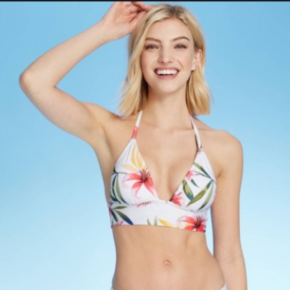 White Floral Print Swim Top
